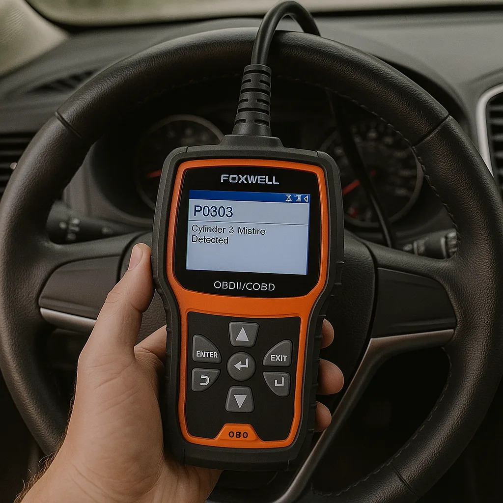 Person holding a Foxwell OBD2 scanner inside a car with error code P0303 displayed on screen.