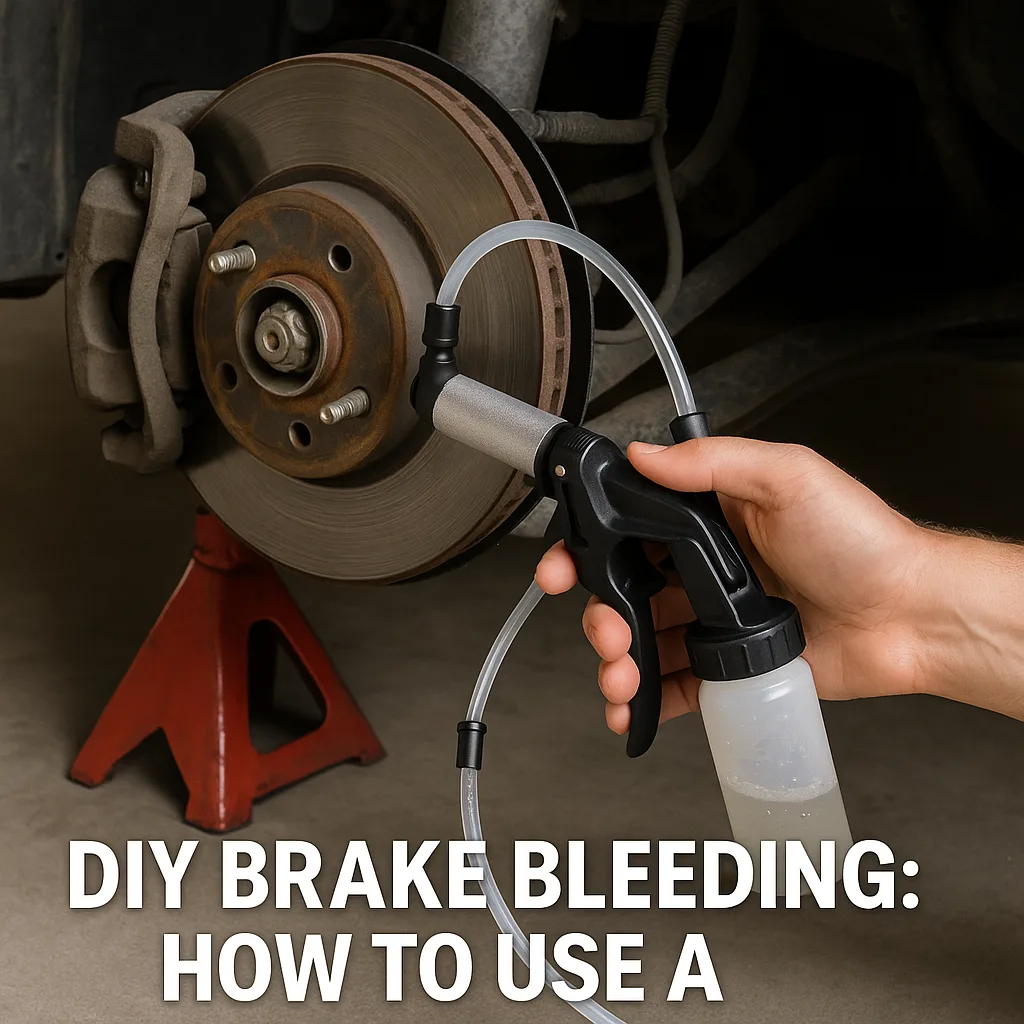 Close-up of a hand using a brake bleeder kit on a car's rear brake caliper, vehicle raised on a red jack stand in a garage setting.