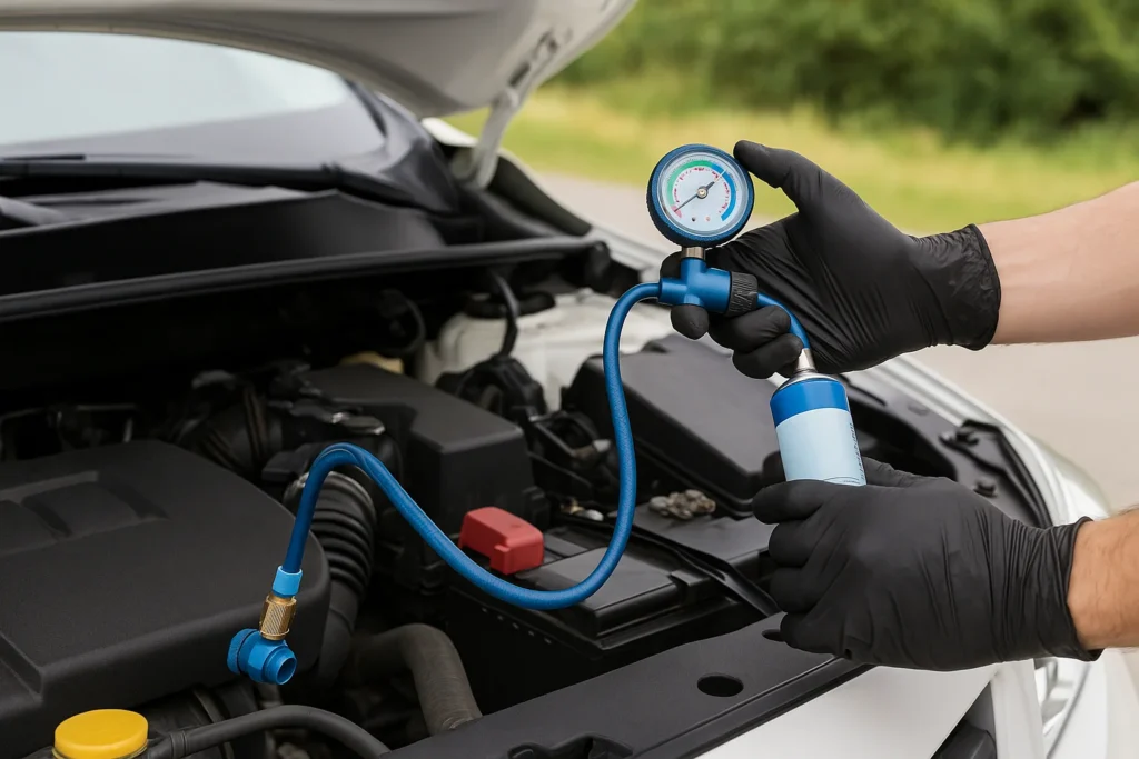 Gloved hands using an A/C recharge kit with pressure gauge under the hood of a car during a DIY refrigerant refill