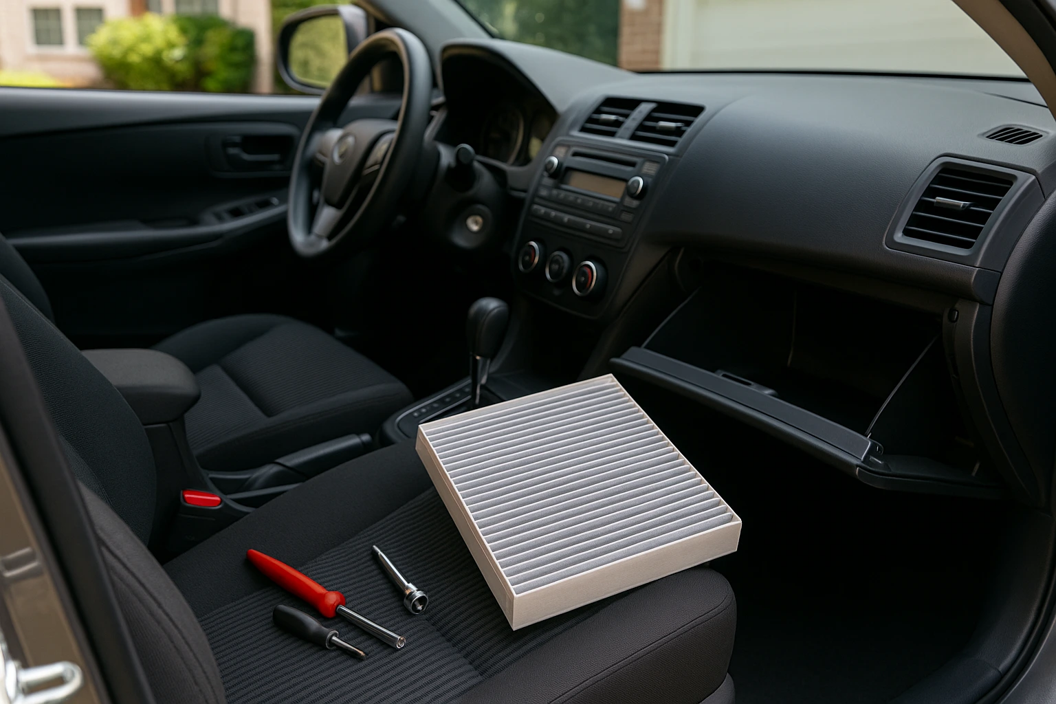 DIY cabin air filter replacement setup in a parked car