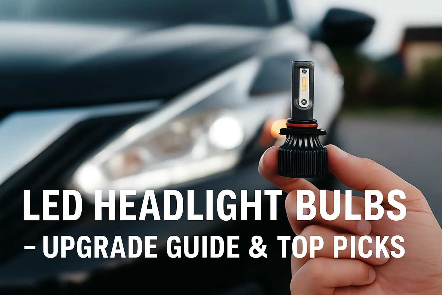 Hand holding an LED headlight bulb in front of a modern car with sharp headlights, for a blog on LED headlight upgrades